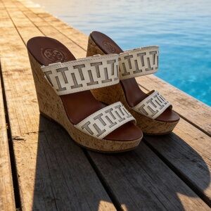 Tory Burch Tan and Cream Wedge Sandals size 8M